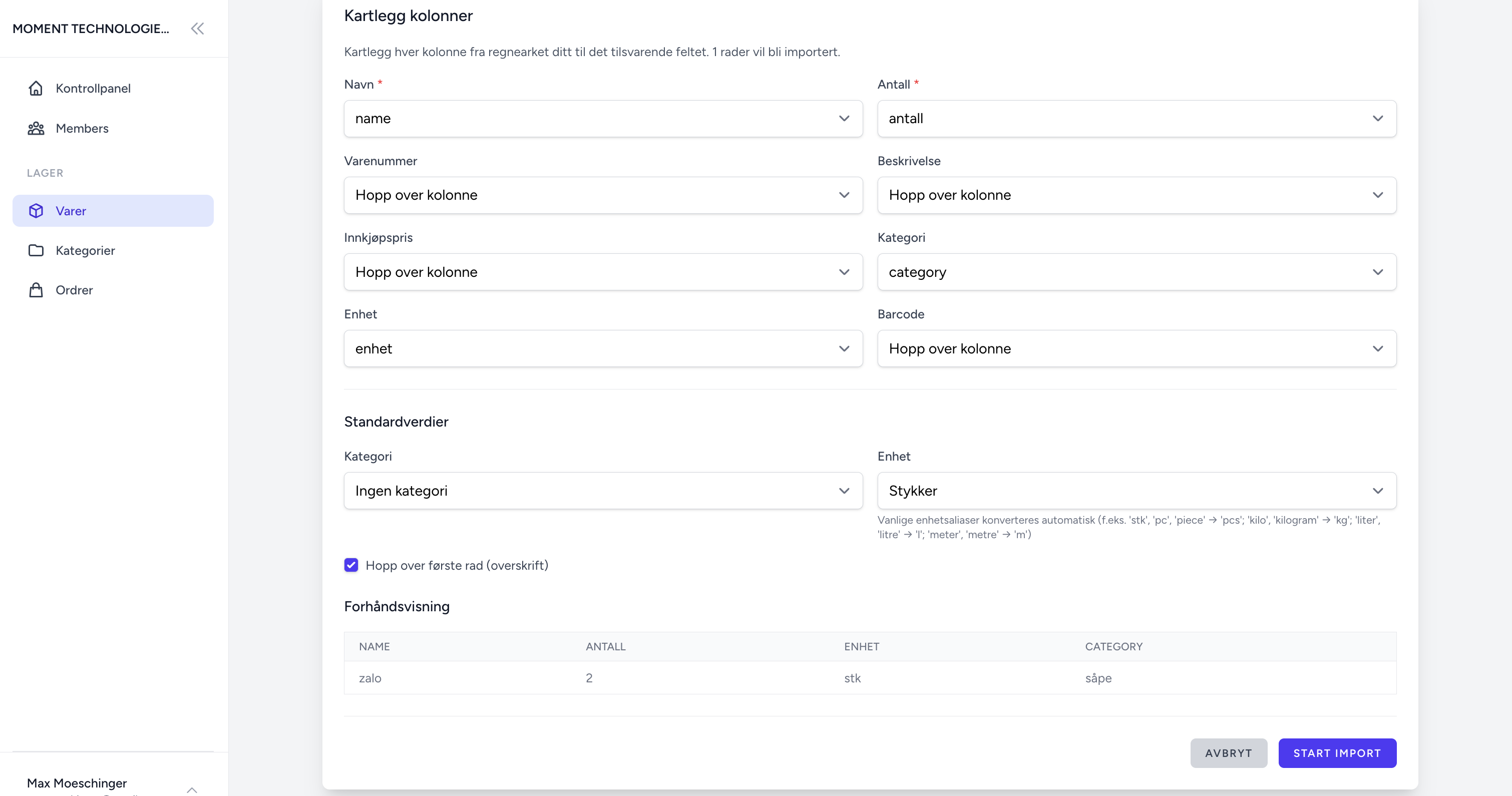 After upload, column mapping is shown where you can connect Excel columns to system fields