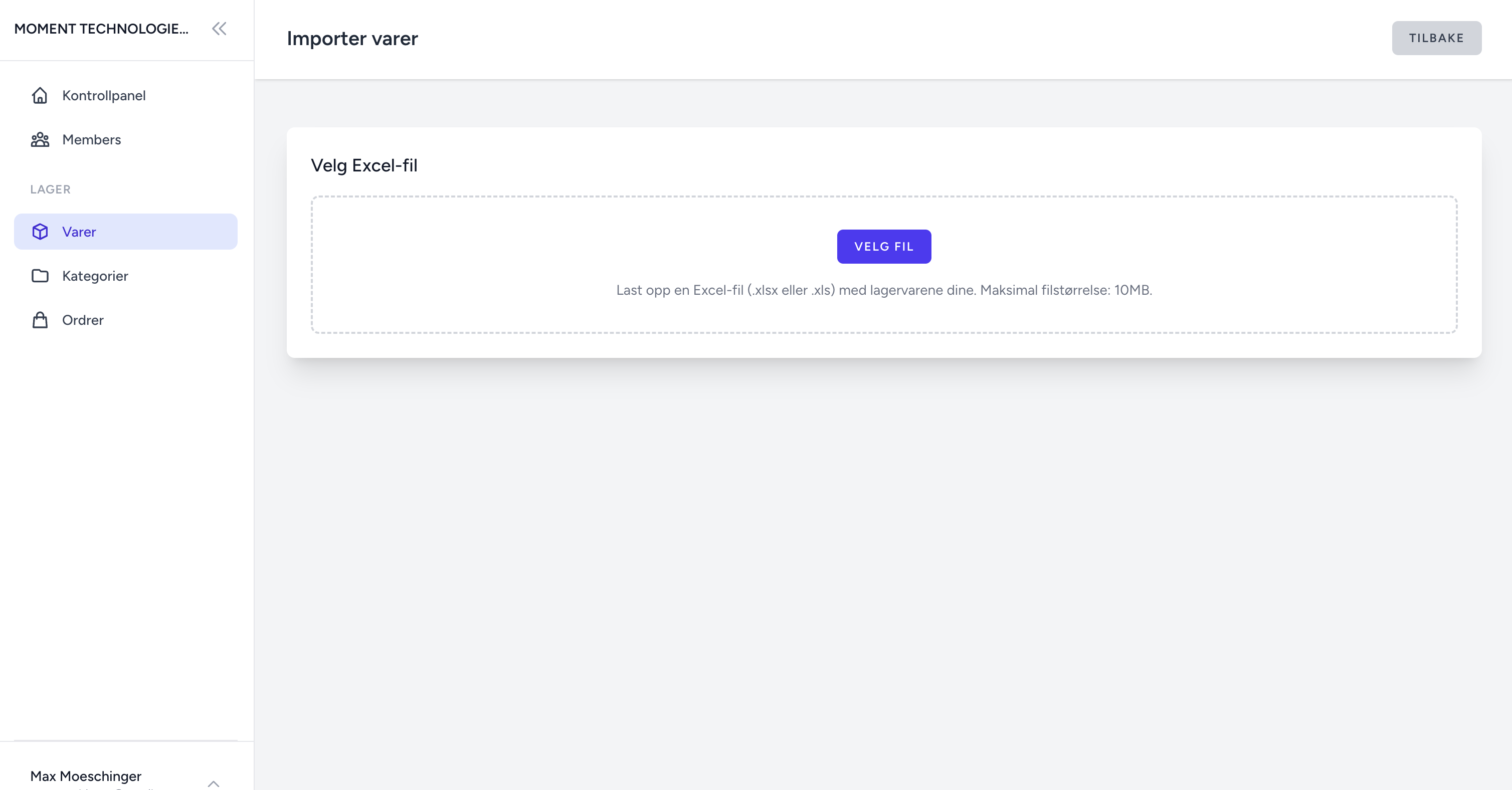 Import-siden med filopplastingsområde hvor du kan velge Excel-fil