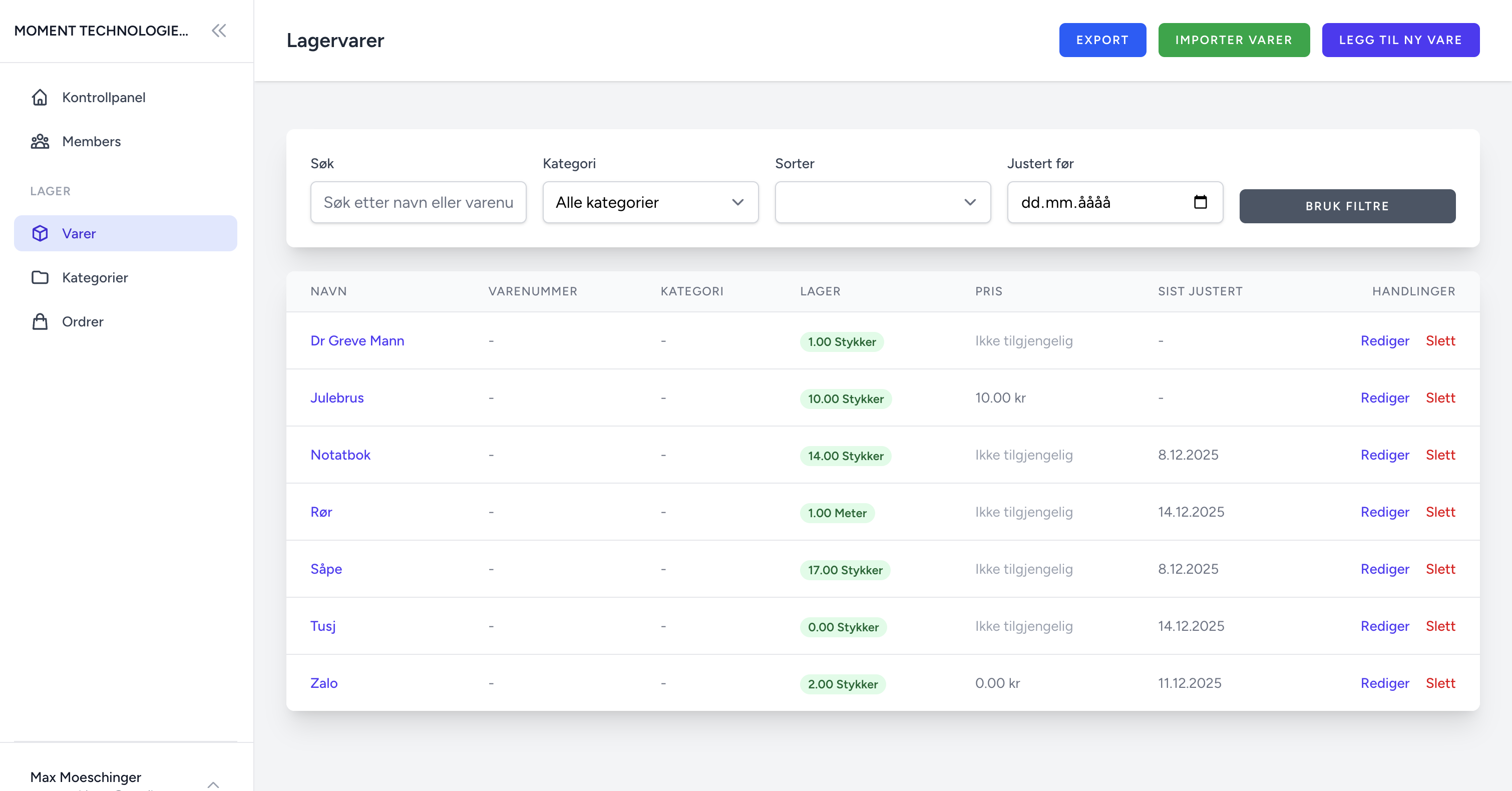 Varer-siden med "Importer varer"-knappen synlig i toppmenyen